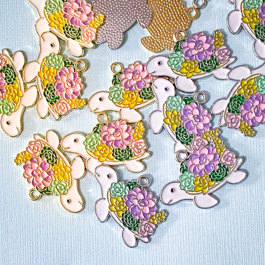 large big turtle turtles tortoise floral flower flowers enamel charm charms pendant metal gold silver tone white cute kawaii craft supplies shop crafts uk pretty spring animal animals