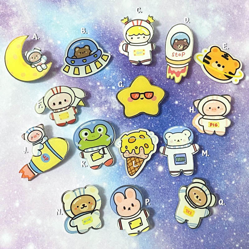 space theme themed acrylic pin brooch brooches badge badges fun cute kawaii gift gifts uk present stocking filler astronaut space ship frog bear bunny tiger planet moon puppy ice cream space galaxy plastic star