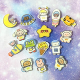 space theme themed acrylic pin brooch brooches badge badges fun cute kawaii gift gifts uk present stocking filler astronaut space ship frog bear bunny tiger planet moon puppy ice cream space galaxy plastic star
