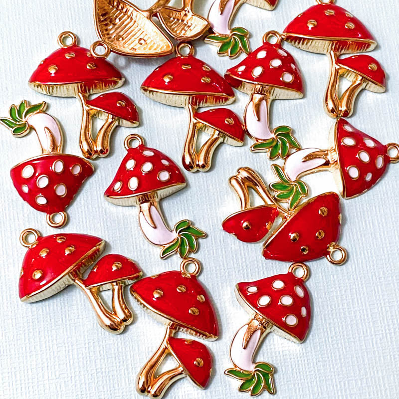 Just 38p! MUSHROOM Large Gold-Tone Enamel Charm Pendant 27mm