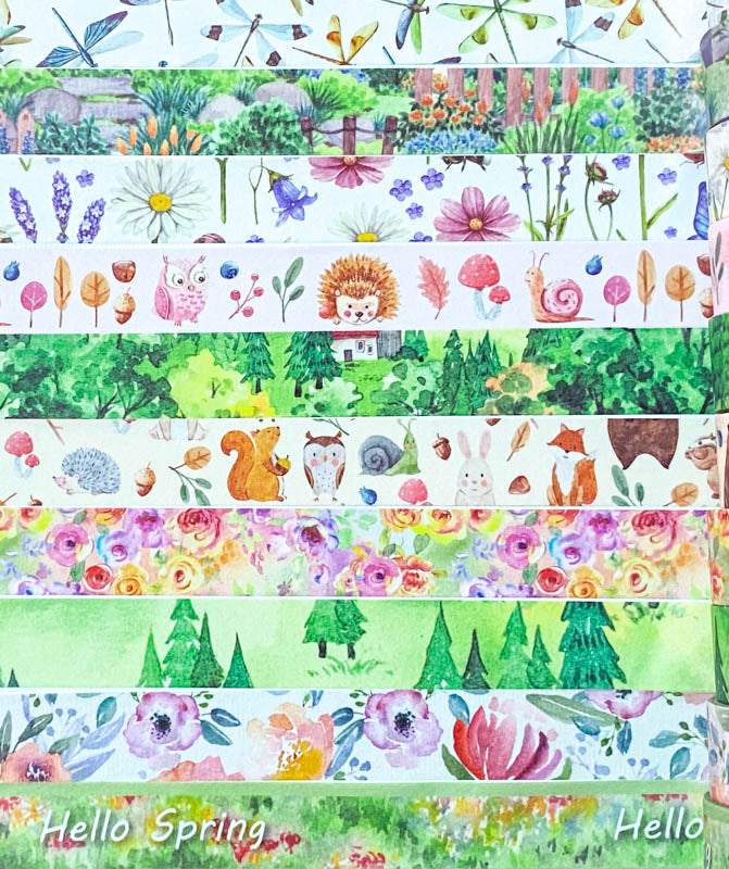 spring wood woodland animal tree trees leaves green cute kawaii 5m washi tape tapes uk stationery flower floral bear fox rabbit squirrel owl hedgehog plants flowers dragonfly dragonflies rolls roll blooms