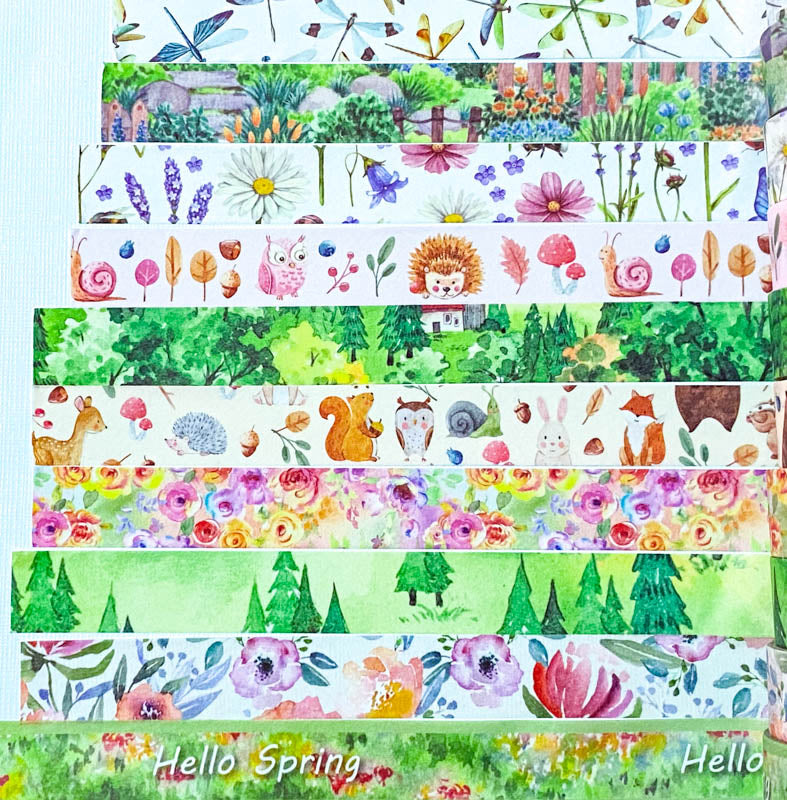 spring wood woodland animal tree trees leaves green cute kawaii 5m washi tape tapes uk stationery flower floral bear fox rabbit squirrel owl hedgehog plants flowers dragonfly dragonflies rolls roll blooms