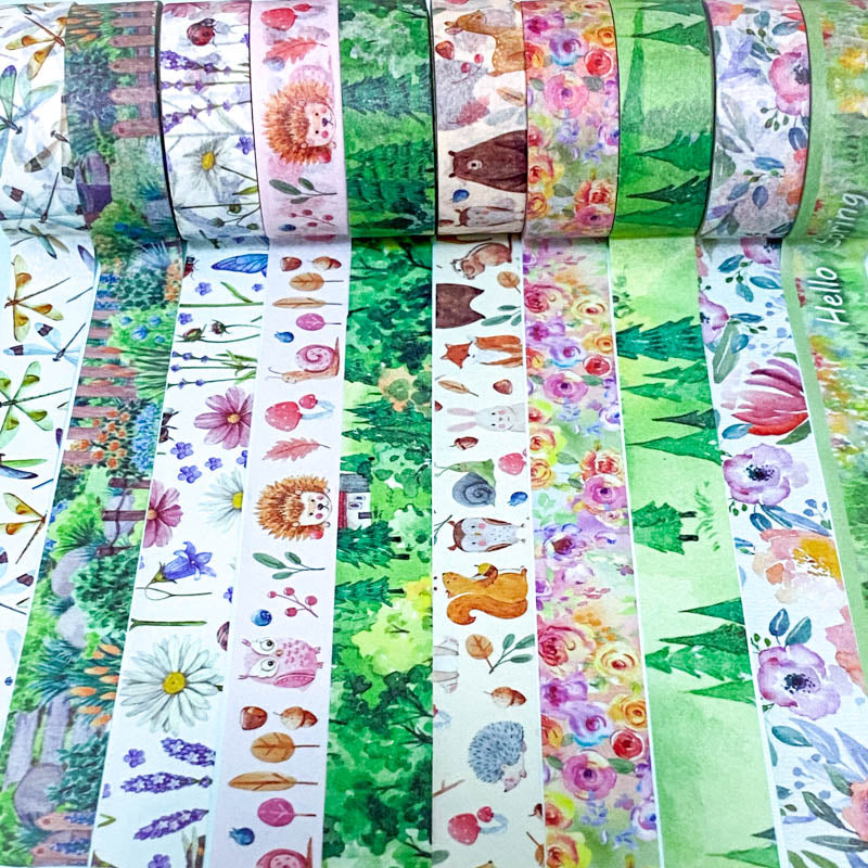 spring wood woodland animal tree trees leaves green cute kawaii 5m washi tape tapes uk stationery flower floral bear fox rabbit squirrel owl hedgehog plants flowers dragonfly dragonflies rolls roll blooms