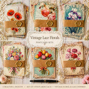 vintage lace floral postcard sets showing six different botanical designs with wax seal and kraft belly band