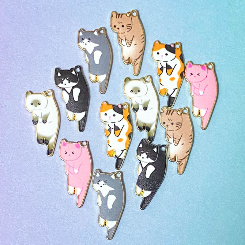 cute kawaii cat cats kitty kittens enamel charm charms gold tone metal enamelled hanging floppy pendant uk craft supplies jewellery making grey black pink tabby tortoiseshell grey brown white cats