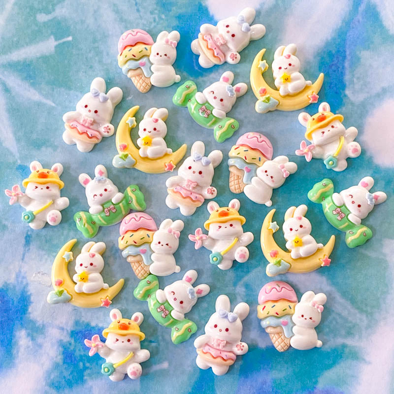 easter spring white rabbit bunny bunnies rabbits flatback flat back fb flatbacks fbs resins uk cute kawaii craft supplies easter pale pink yellow green blue moon sweet ice cream duck flower bow
