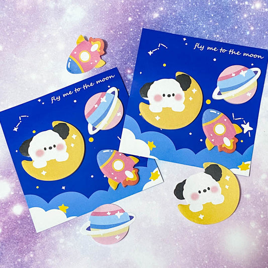 space puppy dog dogs puppies cute kawaii sticky memo memos pad note notes rocket space theme planet planets mini small blue pink yellow clouds fly me to the moon uk cute kawaii gift gifts stationery lovers