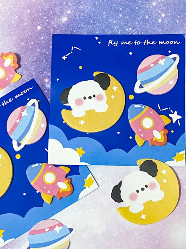 space puppy dog dogs puppies cute kawaii sticky memo memos pad note notes rocket space theme planet planets mini small blue pink yellow clouds fly me to the moon uk cute kawaii gift gifts stationery lovers