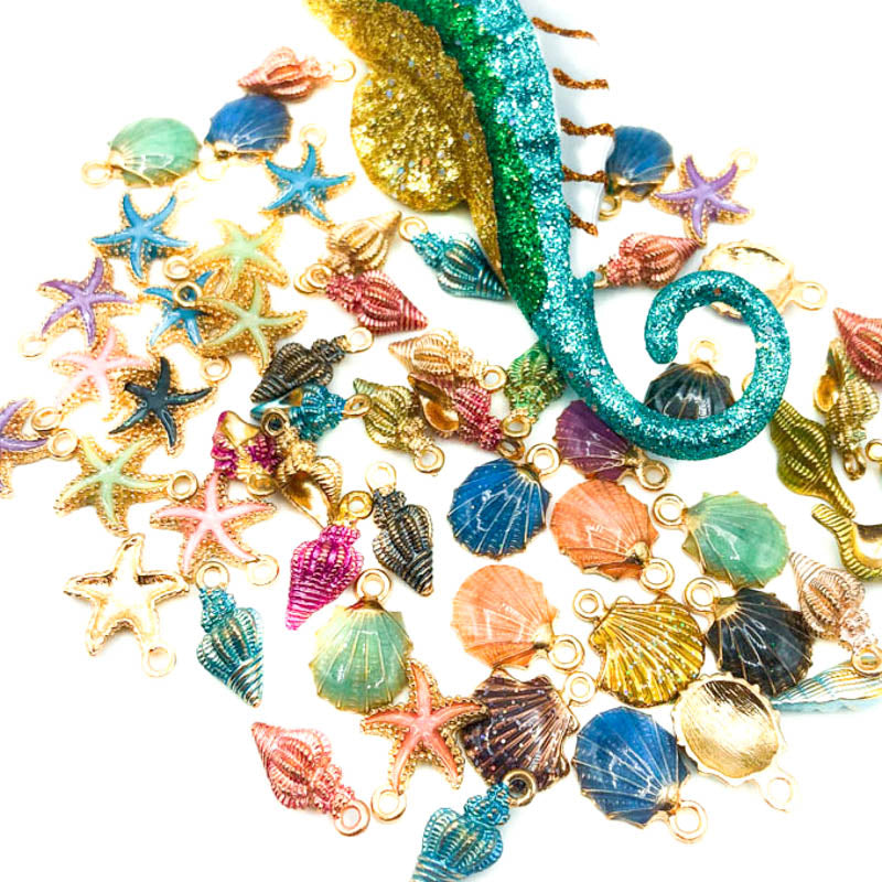 uk cute kawaii sea shell shells seashell conch scallop star fish starfish metal alloy coloured charm charms pendant colourful pretty uk craft supplies cute kawaii set bundle gold tone metal enamel