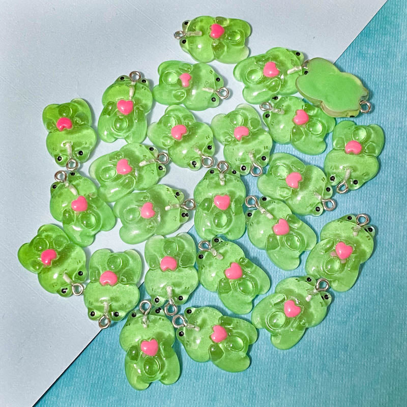 green kawaii cute frog frogs pink heart hearts translucent resin acrylic frog frogs charm charms pendant pendants silver tone hook metal uk craft supplies shop