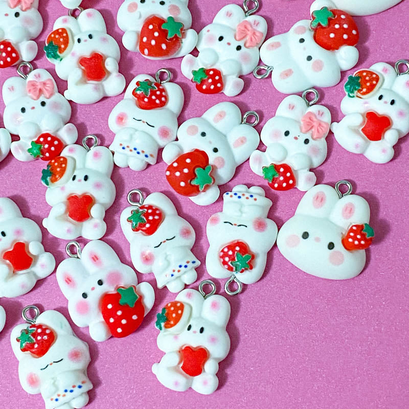 white rabbit rabbits bunny bunnies resin charm pendant charms red strawberry strawberries heart hearts pink bow ears uk cute kawaii craft supplies spring pretty pendants