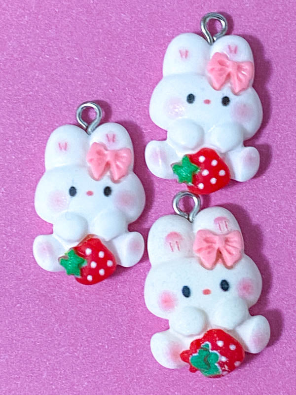 white rabbit rabbits bunny bunnies resin charm pendant charms red strawberry strawberries heart hearts pink bow ears uk cute kawaii craft supplies spring pretty pendants