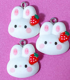white rabbit rabbits bunny bunnies resin charm pendant charms red strawberry strawberries heart hearts pink bow ears uk cute kawaii craft supplies spring pretty pendants