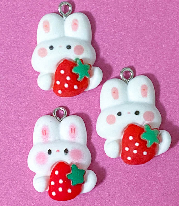 white rabbit rabbits bunny bunnies resin charm pendant charms red strawberry strawberries heart hearts pink bow ears uk cute kawaii craft supplies spring pretty pendants