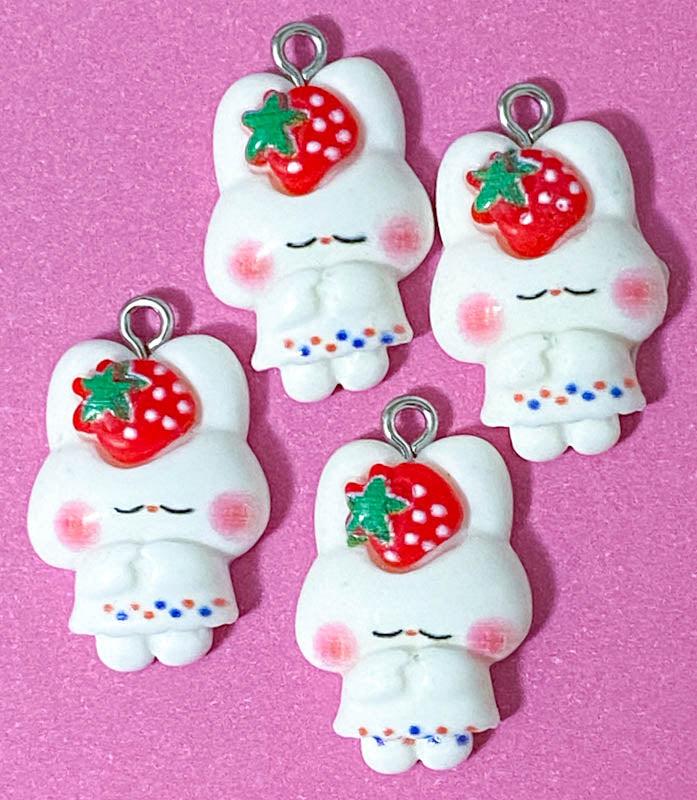 white rabbit rabbits bunny bunnies resin charm pendant charms red strawberry strawberries heart hearts pink bow ears uk cute kawaii craft supplies spring pretty pendants