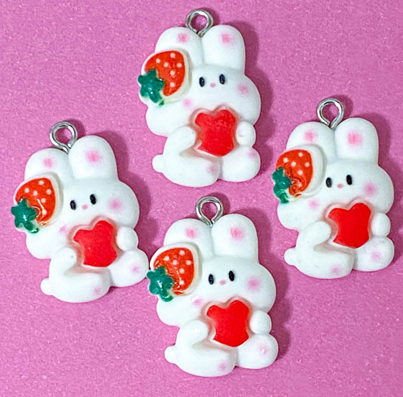 white rabbit rabbits bunny bunnies resin charm pendant charms red strawberry strawberries heart hearts pink bow ears uk cute kawaii craft supplies spring pretty pendants