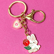 bunny rabbit rabbits bunnies gold chunky keychain key ring keyring keyrings bag charm spring easter gift gifts cute kawaii uk heart rose red pink white flower floral leaf large big white bow golden tone metal heart hearts love romantic valentine valentine's day present england gift shop enamel enamelled bag charm