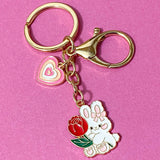 bunny rabbit rabbits bunnies gold chunky keychain key ring keyring keyrings bag charm spring easter gift gifts cute kawaii uk heart rose red pink white flower floral leaf large big white bow golden tone metal heart hearts love valentine valentine's day