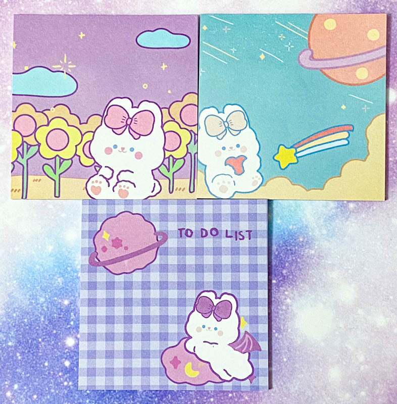 pink lilac turquoise white rabbit rabbits bunny bunnies memo notepad notebook to do list lists pad gift gifts spring easter cute kawaii uk stationery supplies shop