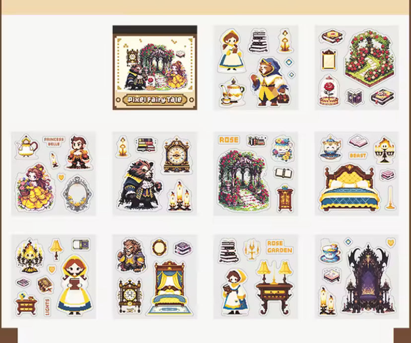pixel fairytale mini clear sticker book of 10 pages of cartoon fairy stories including alice, little red riding hood, beauty and the beast and snow white