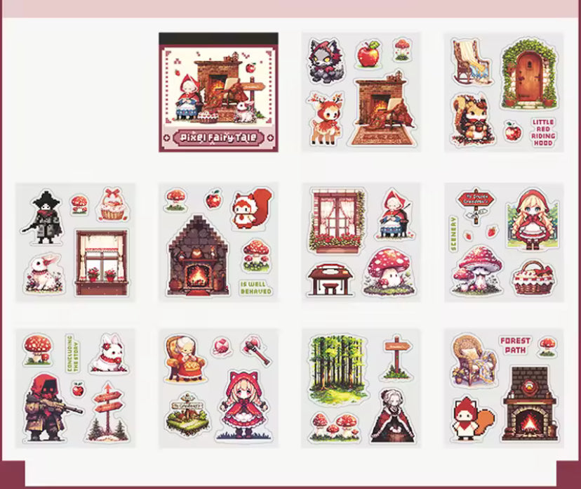 pixel fairytale mini clear sticker book of 10 pages of cartoon fairy stories including alice, little red riding hood, beauty and the beast and snow white