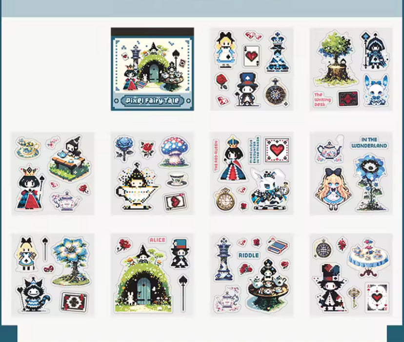 pixel fairytale mini clear sticker book of 10 pages of cartoon fairy stories including alice, little red riding hood, beauty and the beast and snow white