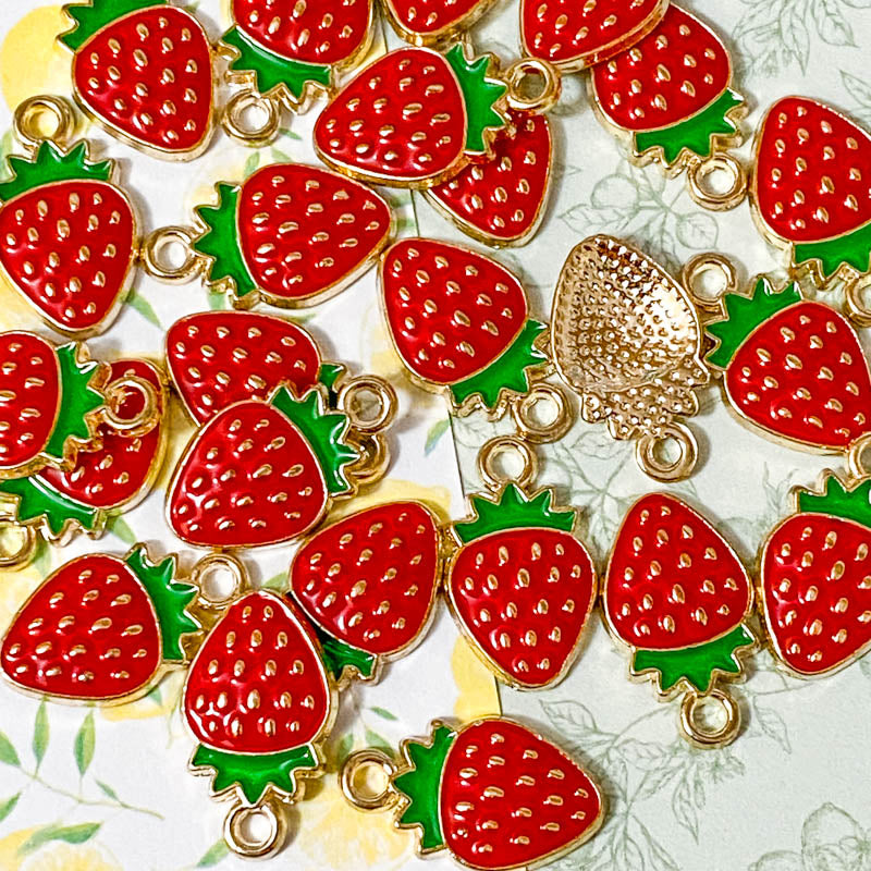 strawberry strawberries gold tone metal enamel enamelled charm charms pendant uk cute kawaii craft supplies shop pretty fruit fruits red and green