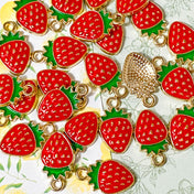 strawberry strawberries gold tone metal enamel enamelled charm charms pendant uk cute kawaii craft supplies shop pretty fruit fruits red and green