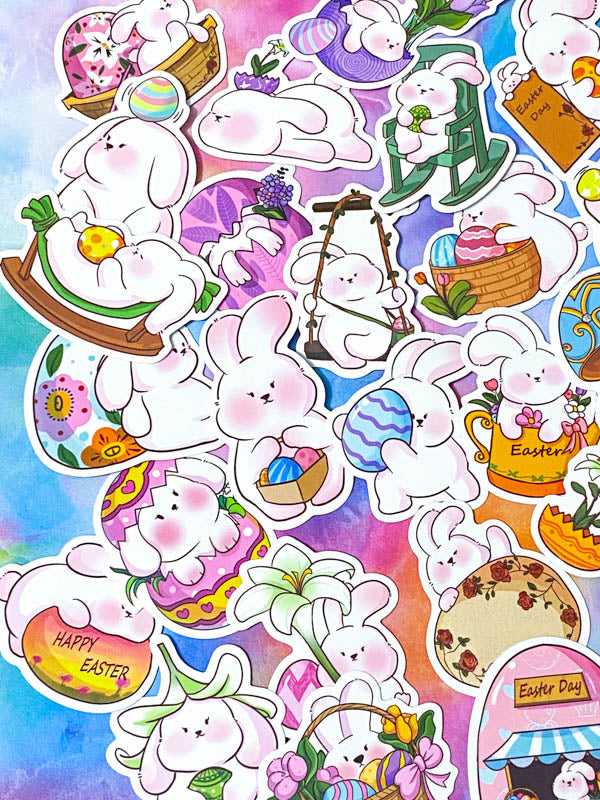 easter bunny bunnies rabbit rabbits cute kawaii fun big matte spring springtime sticker stickers laptop stationery set sets cute kawaii uk gift gifts pink white egg eggs basket baskets happy easter floral flowers