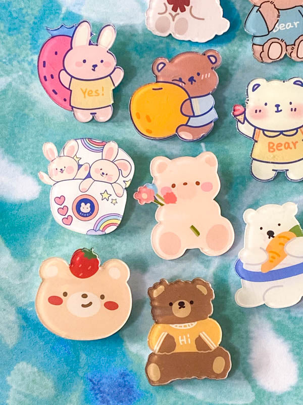 cute kawaii acrylic pin brooch brooches pins badge badges plastic fun cute kawaii uk gift gifts bear bears brown white bunny bunnies rabbit rabbits spring easter fruit strawberry peach carrot baby flower stocking filler fillers party present