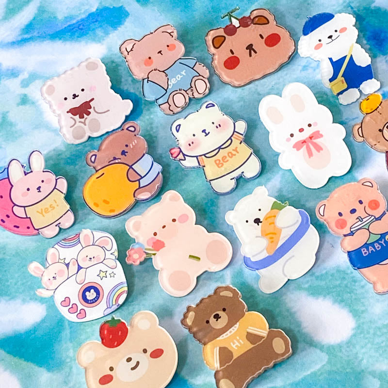 cute kawaii acrylic pin brooch brooches pins badge badges plastic fun cute kawaii uk gift gifts bear bears brown white bunny bunnies rabbit rabbits spring easter fruit strawberry peach carrot baby flower stocking filler fillers party present