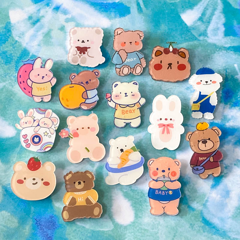 cute kawaii acrylic pin brooch brooches pins badge badges plastic fun cute kawaii uk gift gifts bear bears brown white bunny bunnies rabbit rabbits spring easter fruit strawberry peach carrot baby flower stocking filler fillers party present