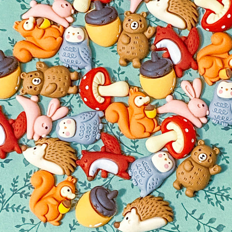 woodland animal animals resin flatback flat back backs fb fbs embellishment craft supplies fb fbs acorn brown bear bears squirrel squirrels mushroom mushrooms rabbit pink rabbits bunny bunnies fox foxes red hedgehog hedgehogs squirrel squirrels owl owls bird grey orange red brown yellow autumn  uk craft supplies