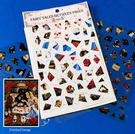 alice in wonderland inspired mosaic puzzle sticker craft kit with numbered template sheet and transparent PET sticker pieces revealing a whimsical tea party illustration