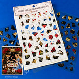 alice in wonderland inspired mosaic puzzle sticker craft kit with numbered template sheet and transparent PET sticker pieces revealing a whimsical tea party illustration