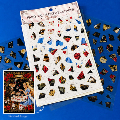 alice in wonderland inspired mosaic puzzle sticker craft kit with numbered template sheet and transparent PET sticker pieces revealing a whimsical tea party illustration