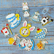 alice in wonderland theme themed enamel charm charms pendant pendants gold tone metal enamelled hat cup teacup teacups guard guards card cards playing rabbit rabbits white teapot teapots dress blue red heart hearts yellow white black uk cute kawaii craft supplies pendant pendants clock face ears