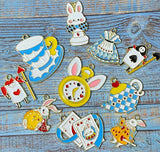 alice in wonderland theme themed enamel charm charms pendant pendants gold tone metal enamelled hat cup teacup teacups guard guards card cards playing rabbit rabbits white teapot teapots dress blue red heart hearts yellow white black uk cute kawaii craft supplies pendant pendants clock face ears