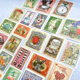 alice in wonderland sticker stickers stamp stamps vintage style illustration tenniel lewis carroll big stationery uk set pack postage stamps stickers rabbit white bunny hat mad hatter red queen of hearts pocket watch mushroom key drink me cake eat me cheshire cat potion messenger guard butterfly colourful retro vibe vibes feel nostalgic planner supplies