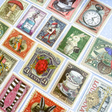 alice in wonderland sticker stickers stamp stamps vintage style illustration tenniel lewis carroll big stationery uk set pack postage stamps stickers rabbit white bunny hat mad hatter red queen of hearts pocket watch mushroom key drink me cake eat me cheshire cat potion messenger guard butterfly colourful retro vibe vibes feel nostalgic planner supplies rose roses teacup cups