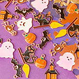 halloween spooky gold tone charm charms pendant pendants black orange white yellow pumpkin pumpkins pink ghost ghosts bat bats scary cat witch witches cats broom broomstick spider spiders haunted house houses uk craft supplies shop