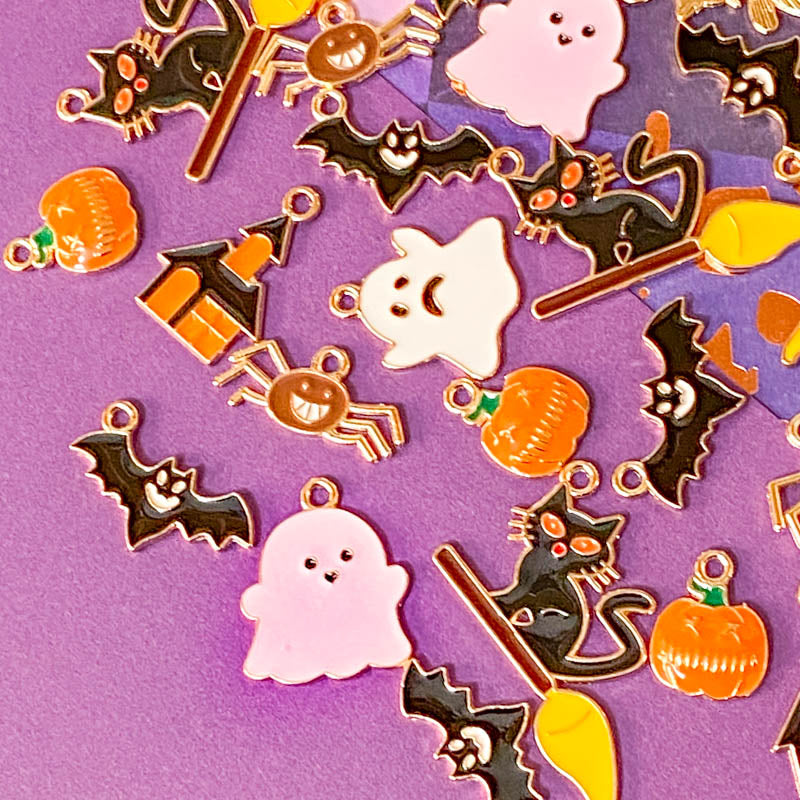 halloween spooky gold tone charm charms pendant pendants black orange white yellow pumpkin pumpkins pink ghost ghosts bat bats scary cat witch witches cats broom broomstick spider spiders haunted house houses uk craft supplies shop