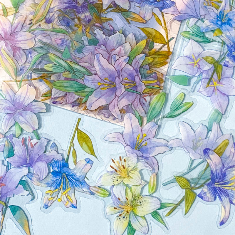 purple lilac cream white blue flower flowers floral lily alstromeria sticker stickers clear plastic pet pack uk cute kawaii pretty stationery planner addict 40 pieces flake flakes set spring leaves leaf