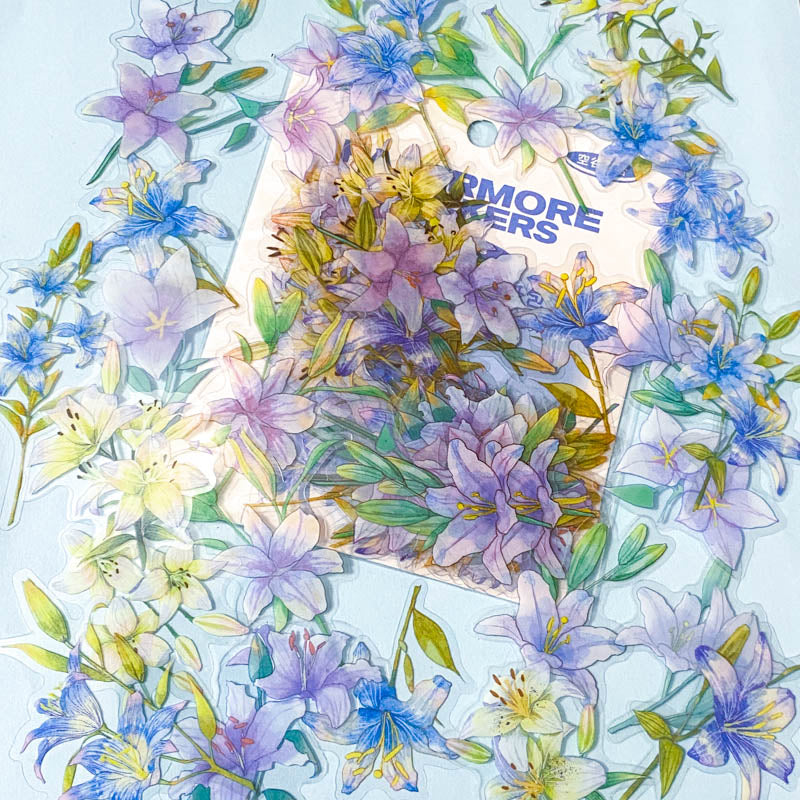purple lilac cream white blue flower flowers floral lily alstromeria sticker stickers clear plastic pet pack uk cute kawaii pretty stationery planner addict 40 pieces flake flakes set spring leaves leaf
