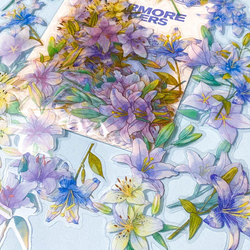 purple lilac cream white blue flower flowers floral lily alstromeria sticker stickers clear plastic pet pack uk cute kawaii pretty stationery planner addict 40 pieces flake flakes set spring leaves leaf