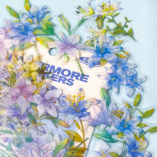 purple lilac cream white blue flower flowers floral lily alstromeria sticker stickers clear plastic pet pack uk cute kawaii pretty stationery planner addict 40 pieces flake flakes set spring leaves leaf