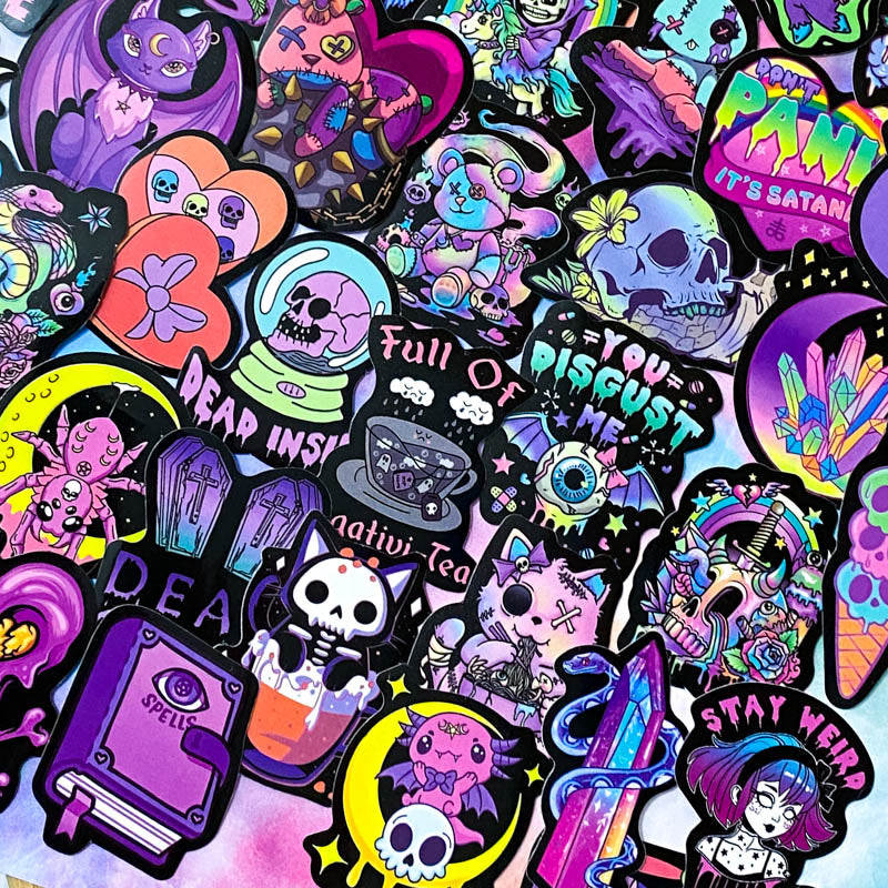 spooky but cute kawaii goth gothic sticker stickers laptop stationery uk pack set bright vibrant skull skulls coffin halloween spooky snake bat bats death graveyard potion magic spell spells witchcraft heart purple magenta black yellow blue orange vivid eyeball