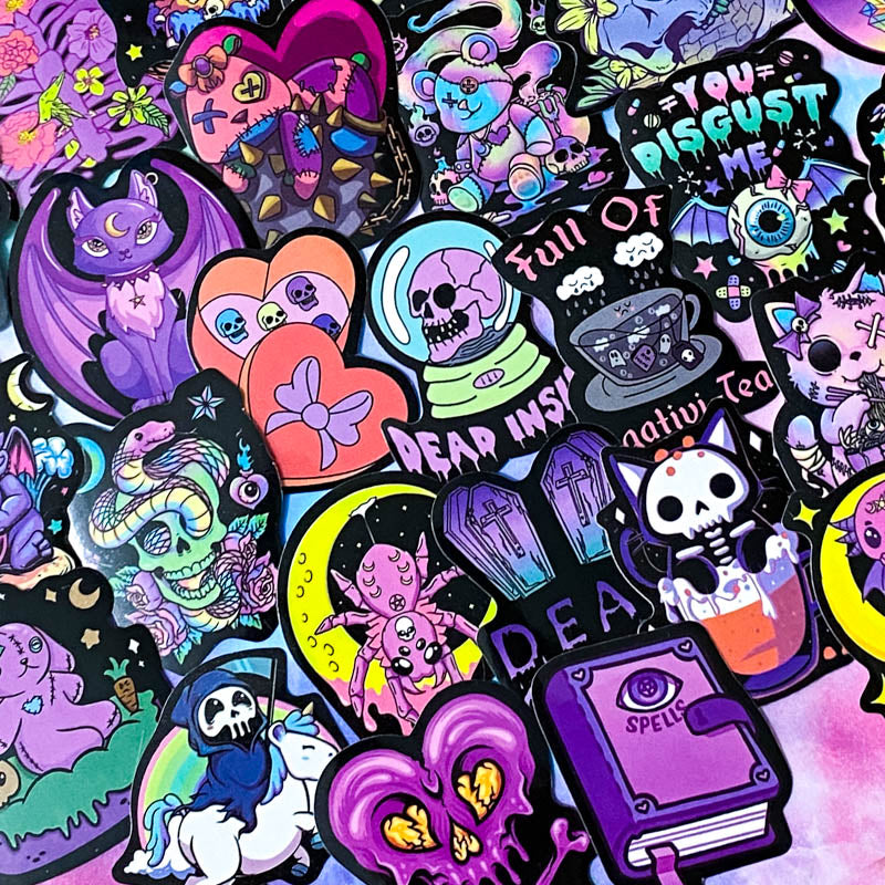 spooky but cute kawaii goth gothic sticker stickers laptop stationery uk pack set bright vibrant skull skulls coffin halloween spooky snake bat bats death graveyard potion magic spell spells witchcraft heart purple magenta black yellow blue orange vivid eyeball 