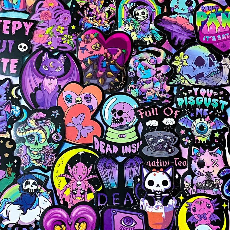 spooky but cute kawaii goth gothic sticker stickers laptop stationery uk pack set bright vibrant skull skulls coffin halloween spooky snake bat bats death graveyard potion magic spell spells witchcraft heart purple magenta black yellow blue orange vivid eyeball