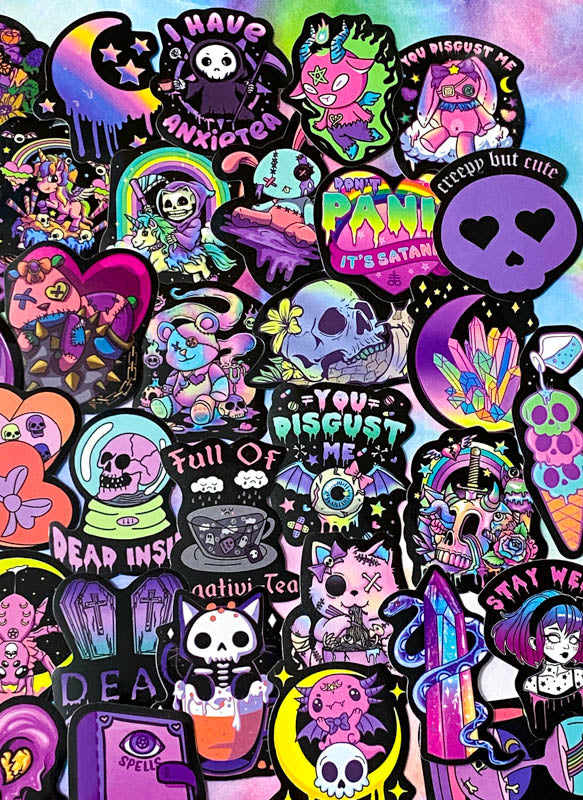 spooky but cute kawaii goth gothic sticker stickers laptop stationery uk pack set bright vibrant skull skulls coffin halloween spooky snake bat bats death graveyard potion magic spell spells witchcraft heart purple magenta black yellow blue orange vivid eyeball